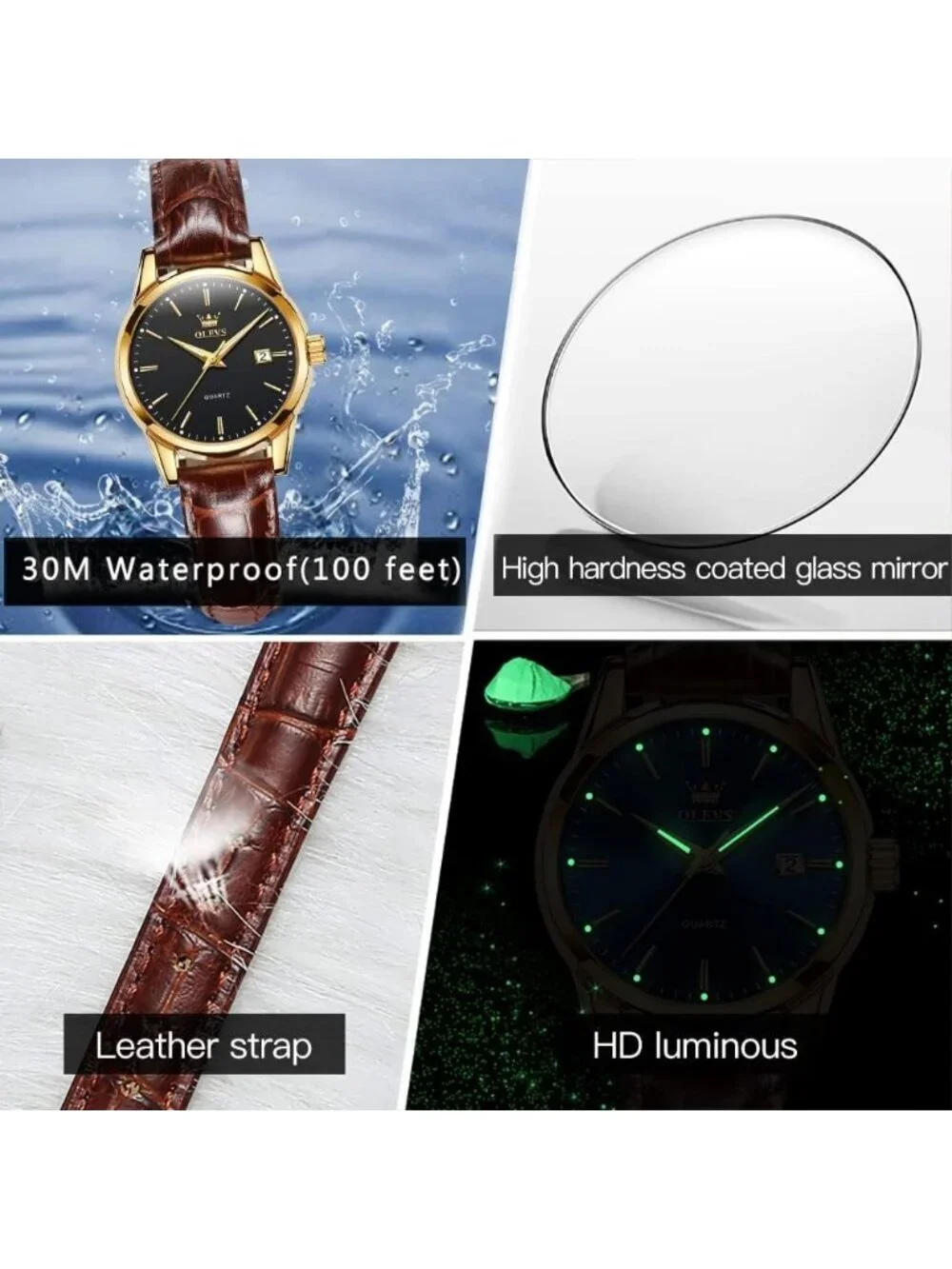 Olevs Womens Black Dial Brown Leather Analog Waterproof Reloj Mujer Luxury Watch